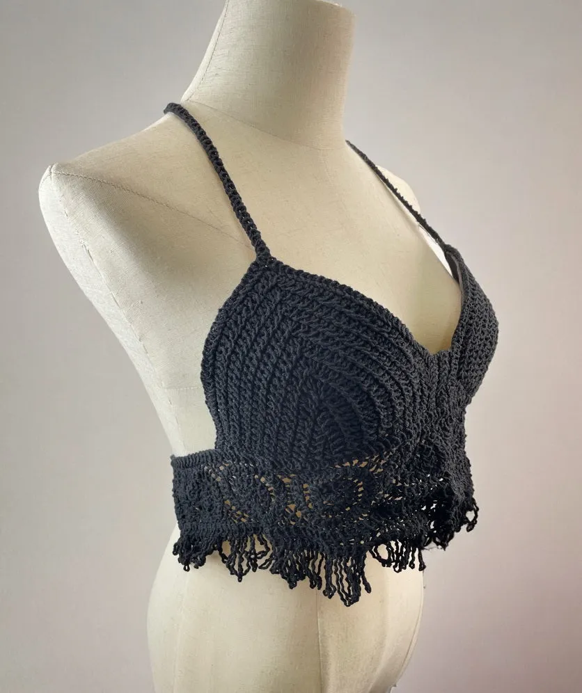 Women Crochet Crop Top Halter Bikini Cami Top Bralette Boho Hippie Tie Back Circle Tassel