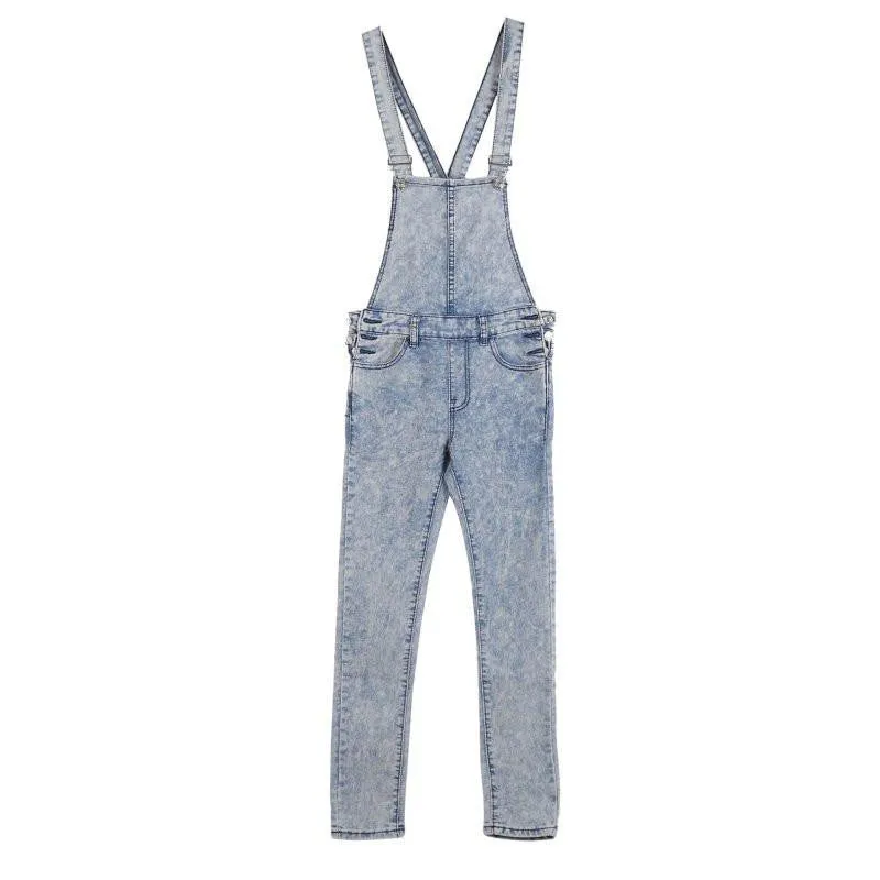 Women Girls Washed Jeans Casual Hole Mid Full Length Jeans Drawstring Overalls