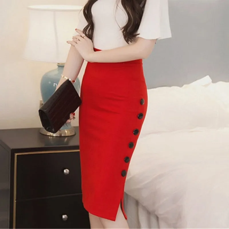 Women  Slim Pencil Skirts High Waist Ladies Skirt Side Split Button