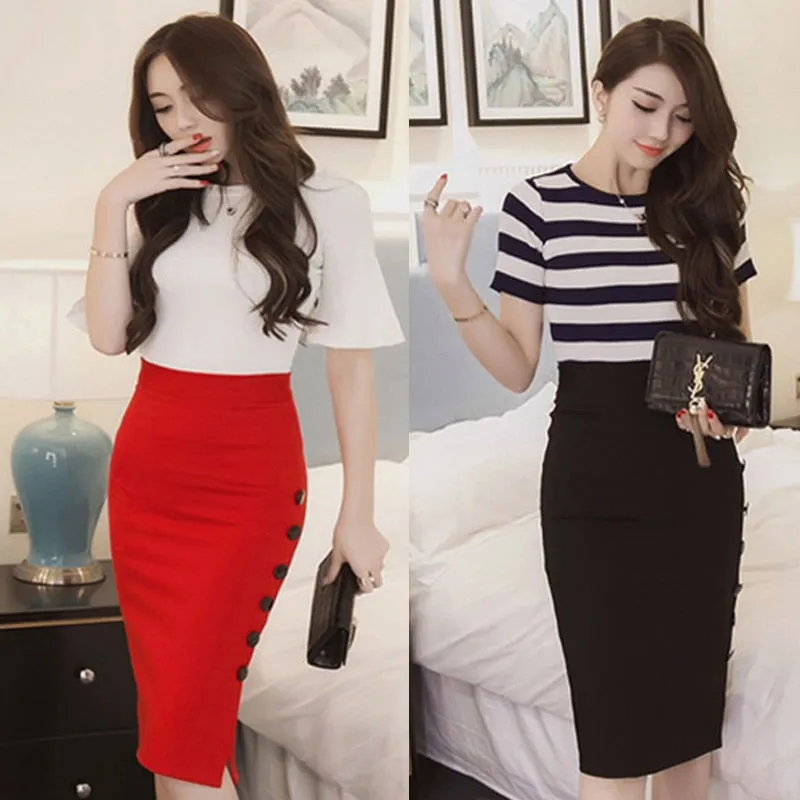 Women  Slim Pencil Skirts High Waist Ladies Skirt Side Split Button