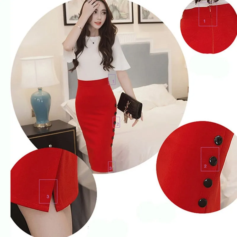 Women  Slim Pencil Skirts High Waist Ladies Skirt Side Split Button