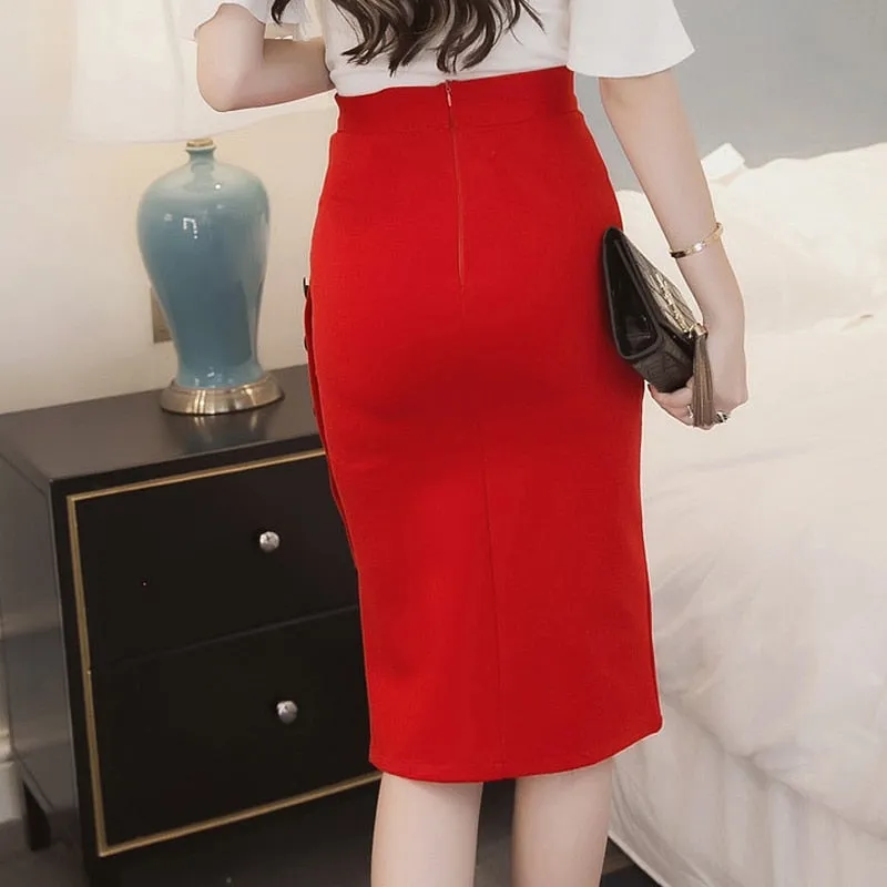 Women  Slim Pencil Skirts High Waist Ladies Skirt Side Split Button
