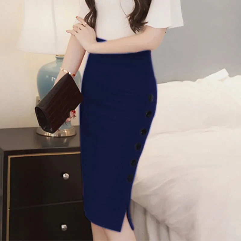 Women  Slim Pencil Skirts High Waist Ladies Skirt Side Split Button