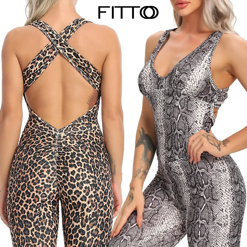 Women Textured Yoga Jumpsuits Back Cross Yoga Set Fitness Gym Sports Leggings Leopard Rompers Skinny Playsuit Mujer Body Suit