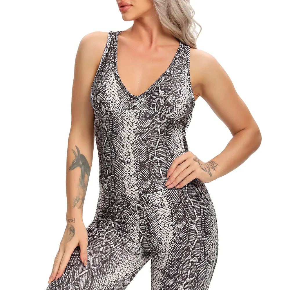 Women Textured Yoga Jumpsuits Back Cross Yoga Set Fitness Gym Sports Leggings Leopard Rompers Skinny Playsuit Mujer Body Suit