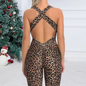 Women Textured Yoga Jumpsuits Back Cross Yoga Set Fitness Gym Sports Leggings Leopard Rompers Skinny Playsuit Mujer Body Suit