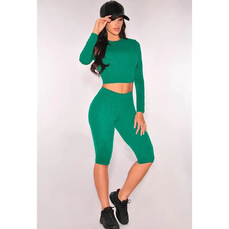 Women Two Piece Outfits Pants Set Romper Fitness Jumpsuit Long Sleeve O-Neck Crop Top Bodycon Sportswear Palysuit S-XL