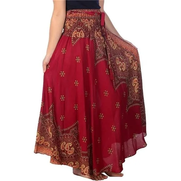 Women's Bohemian Long Maxi Skirt, Burgundy Peacock Flower
