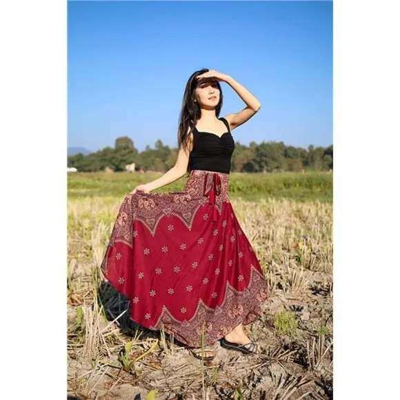 Women's Bohemian Long Maxi Skirt, Burgundy Peacock Flower