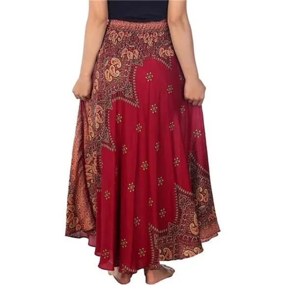 Women's Bohemian Long Maxi Skirt, Burgundy Peacock Flower