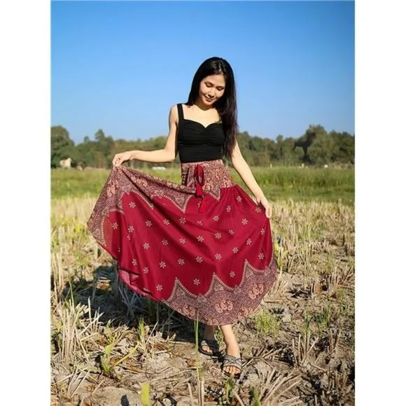 Women's Bohemian Long Maxi Skirt, Burgundy Peacock Flower