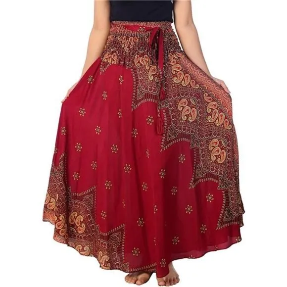 Women's Bohemian Long Maxi Skirt, Burgundy Peacock Flower