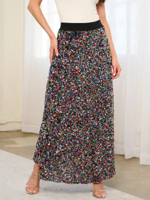 WOMEN'S ELASTIC WAIST SEQUINS MAXI SKIRT