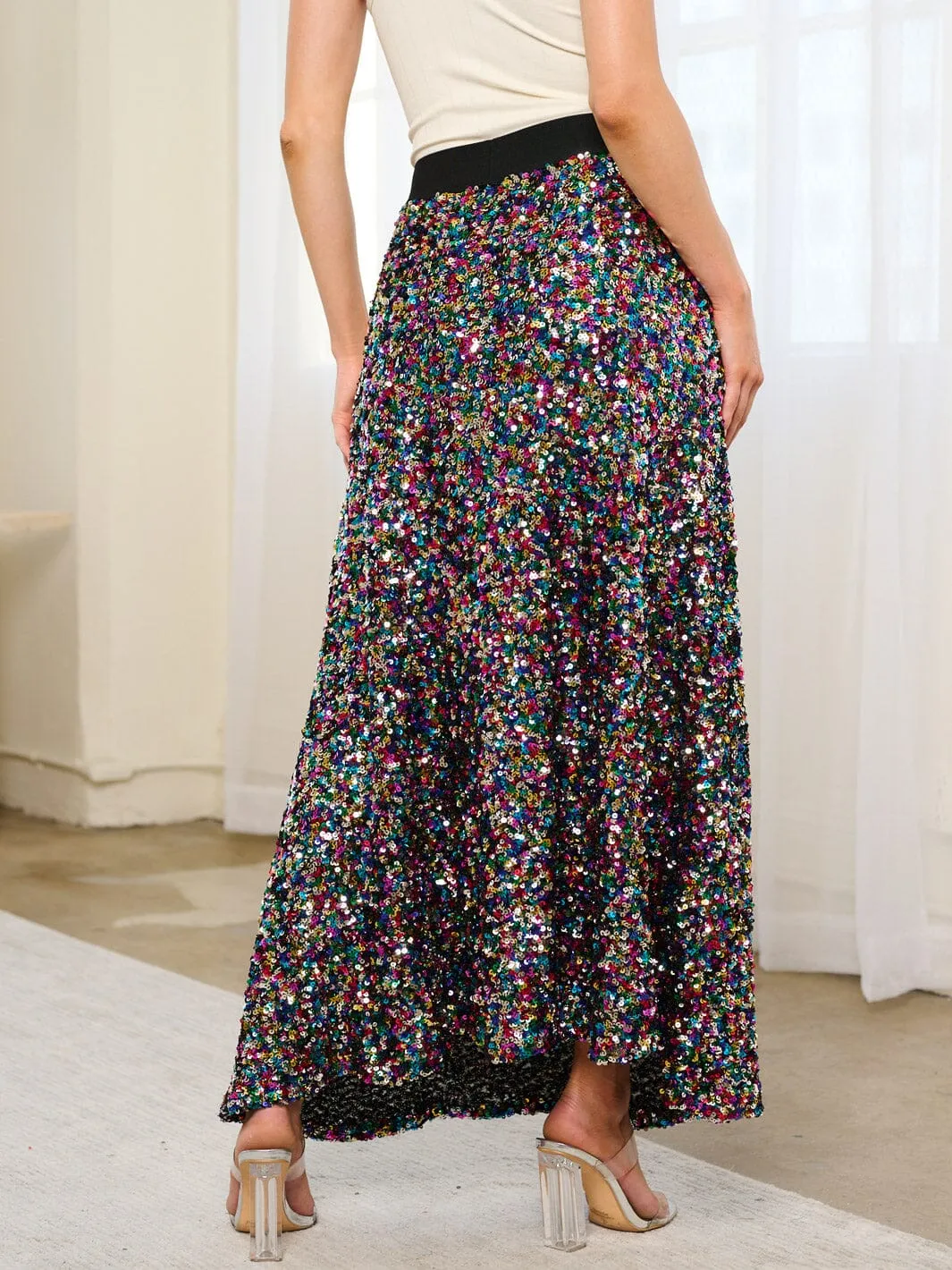 WOMEN'S ELASTIC WAIST SEQUINS MAXI SKIRT