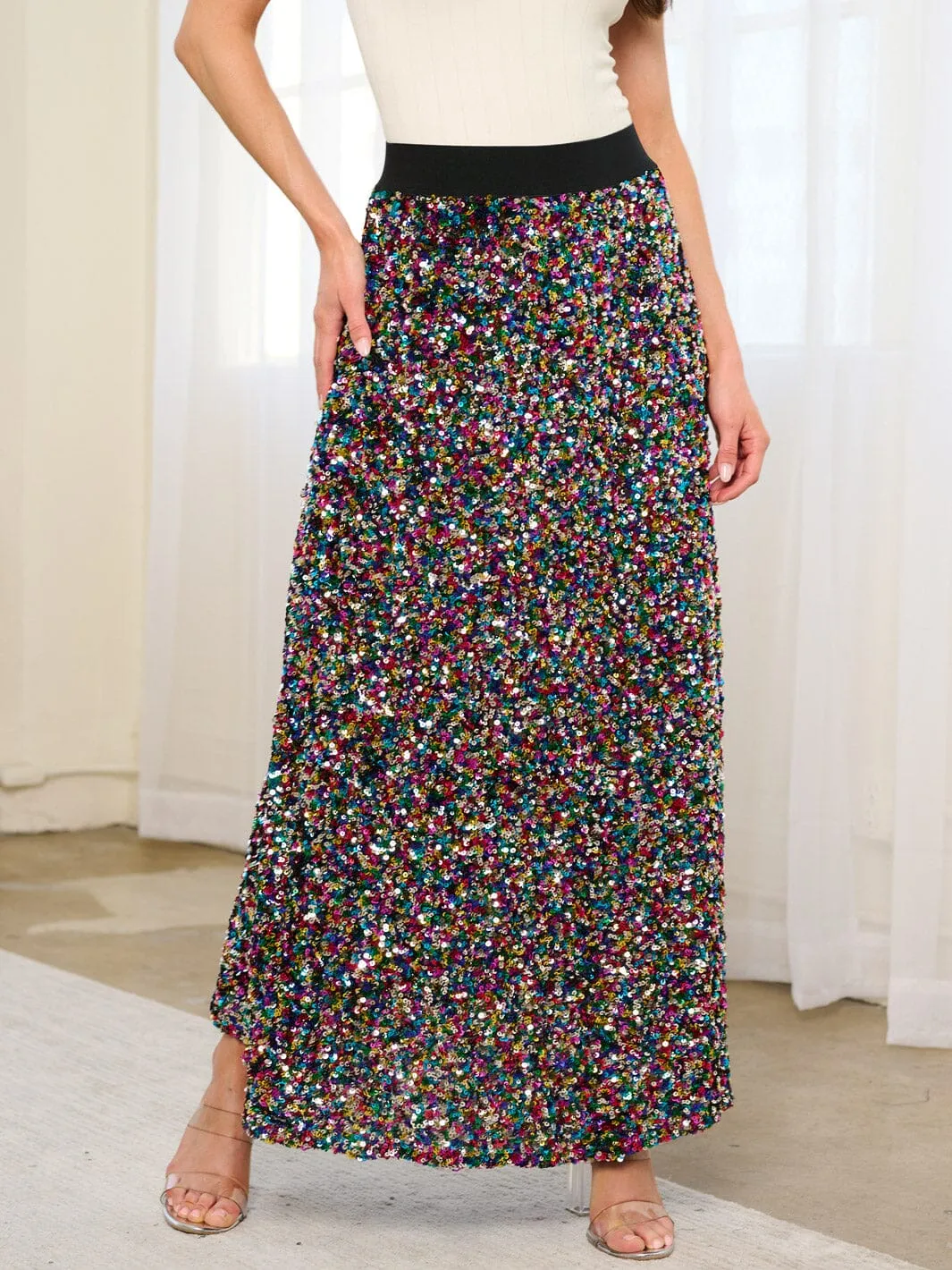 WOMEN'S ELASTIC WAIST SEQUINS MAXI SKIRT
