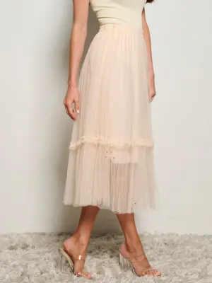 WOMEN'S ELASTIC WAIST STUDS DETAILED MAXI SKIRT