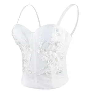 Women's Embroidery Lace Long Bustier Crop Top Corset Tube Bodysuit White