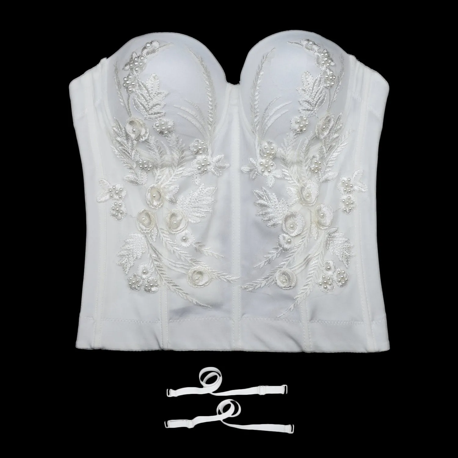 Women's Embroidery Lace Long Bustier Crop Top Corset Tube Bodysuit White