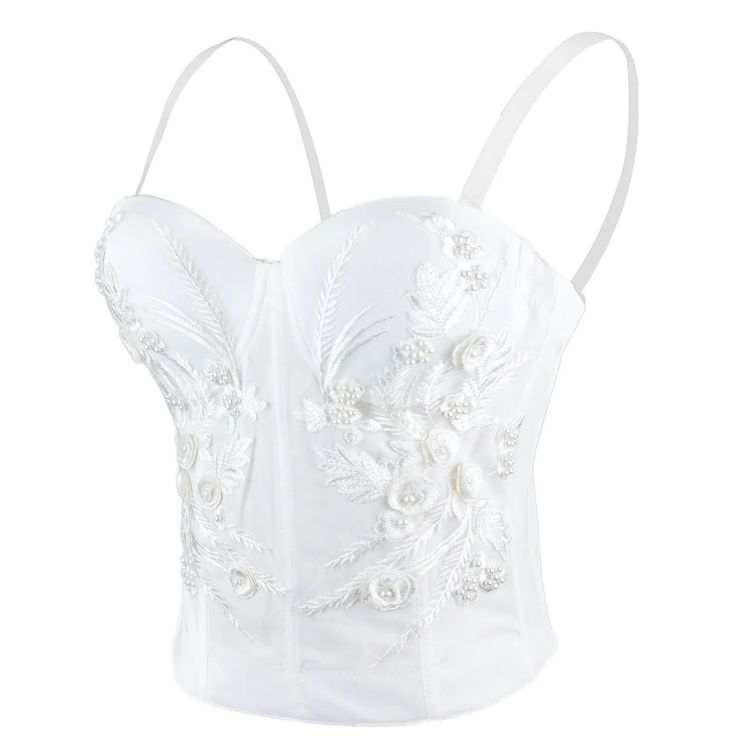 Women's Embroidery Lace Long Bustier Crop Top Corset Tube Bodysuit White