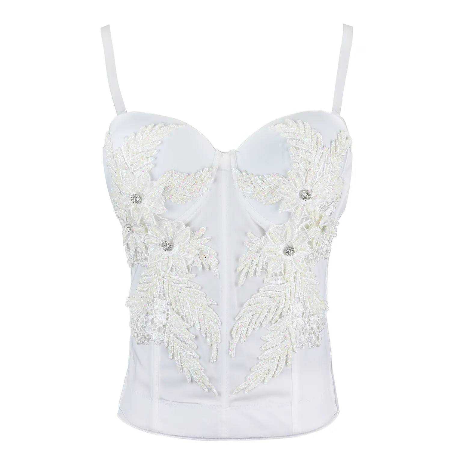 Women's Embroidery Lace Long Bustier Crop Top Corset Tube Bodysuit White