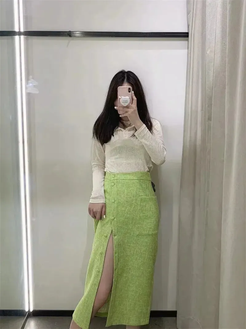 Women's Green Textured Slit High Waist Slit Midi Skirt green