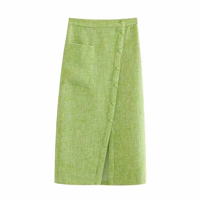 Women's Green Textured Slit High Waist Slit Midi Skirt green
