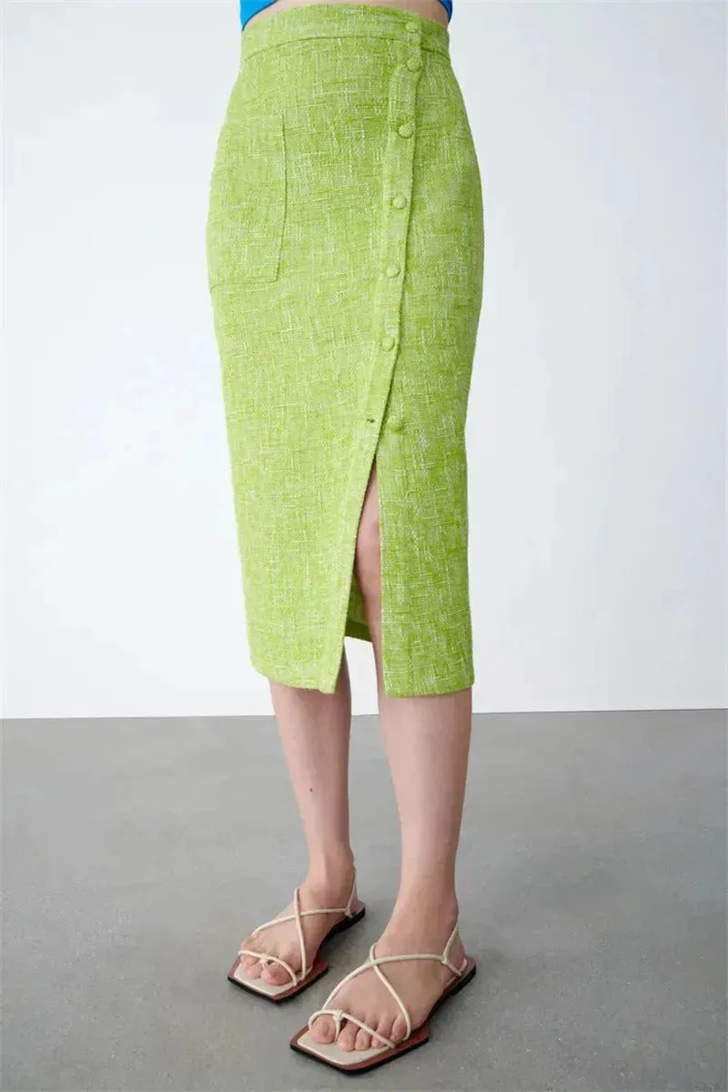 Women's Green Textured Slit High Waist Slit Midi Skirt green