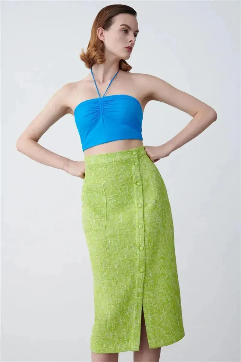 Women's Green Textured Slit High Waist Slit Midi Skirt green
