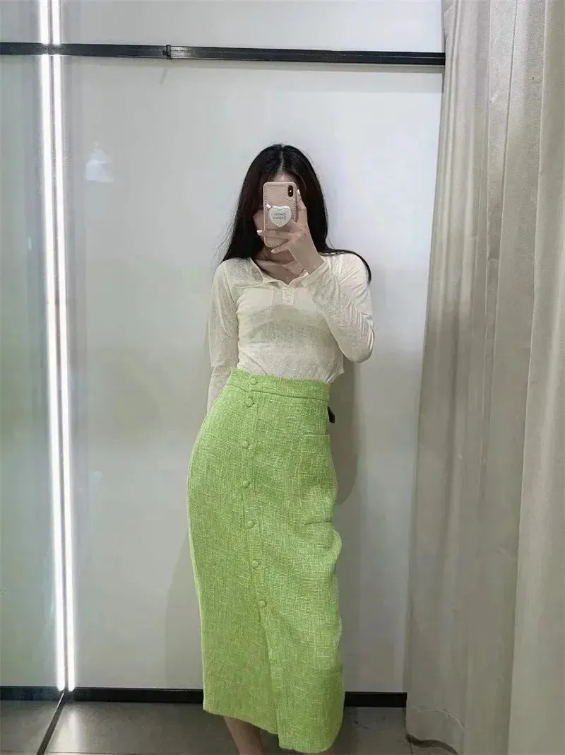 Women's Green Textured Slit High Waist Slit Midi Skirt green