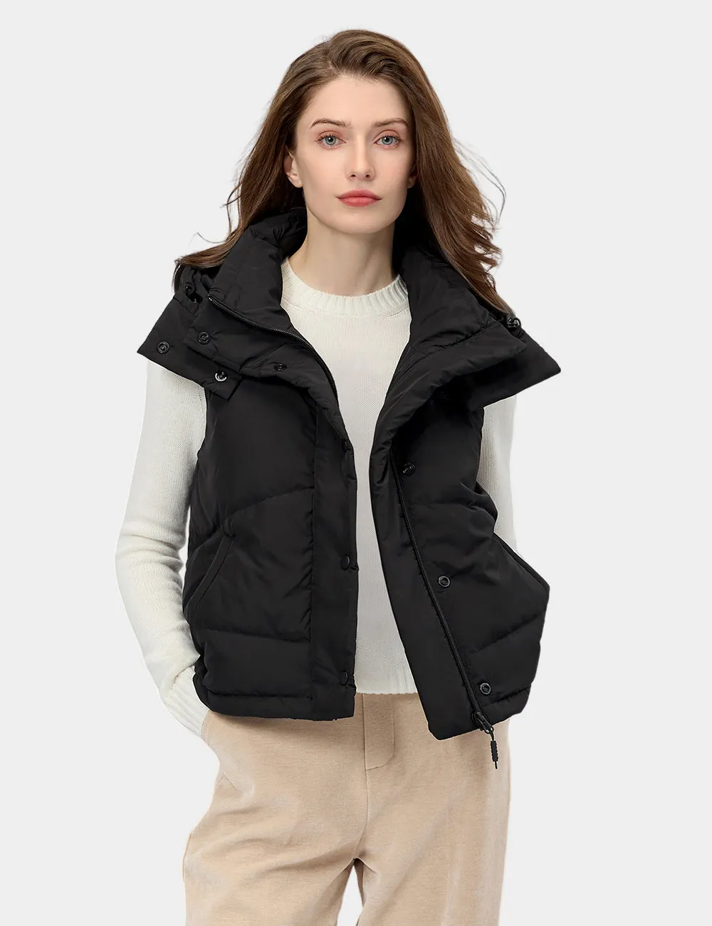 Women's Heated Cropped Puffer Down Vest - Black / Red