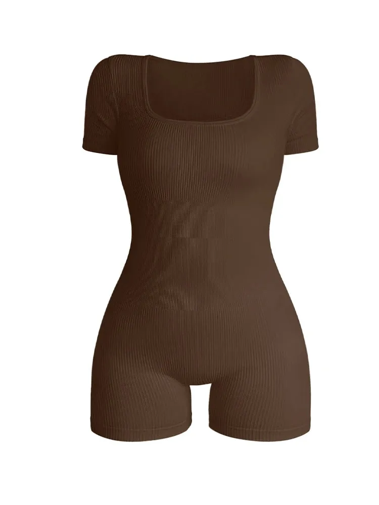 Women's Short Sleeve Square Neck Ribbed Bodysuit