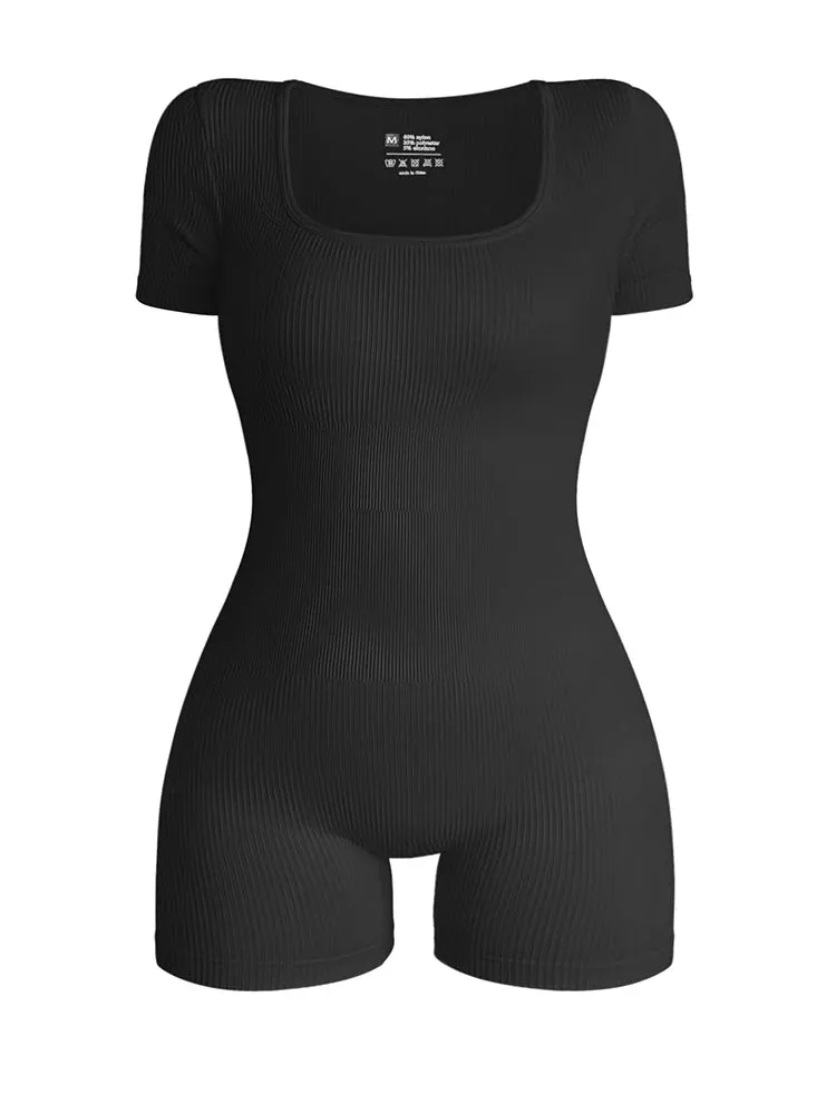 Women's Short Sleeve Square Neck Ribbed Bodysuit