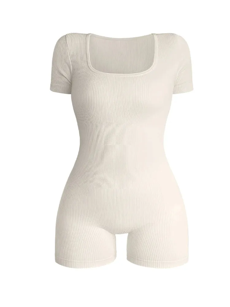 Women's Short Sleeve Square Neck Ribbed Bodysuit