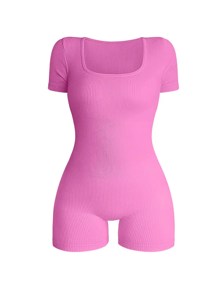 Women's Short Sleeve Square Neck Ribbed Bodysuit