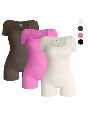 Women's Short Sleeve Square Neck Ribbed Bodysuit