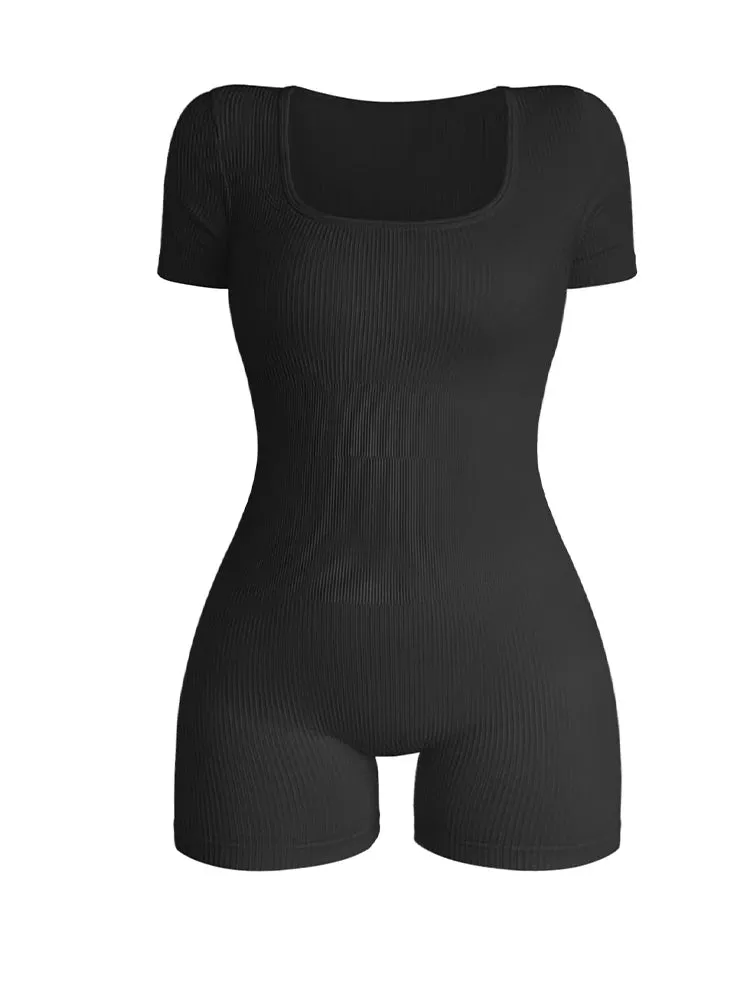 Women's Short Sleeve Square Neck Ribbed Bodysuit