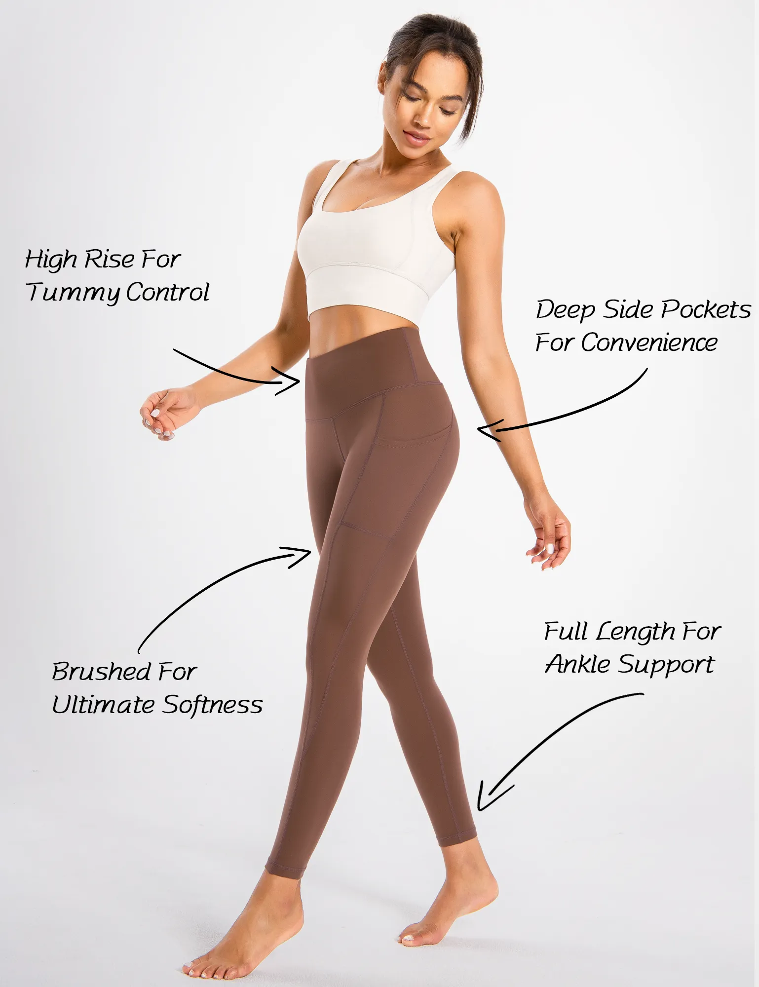 YR Leggings for Women, Yoga Pants with Deep Side Pockets, High Waisted, Sepia Brown
