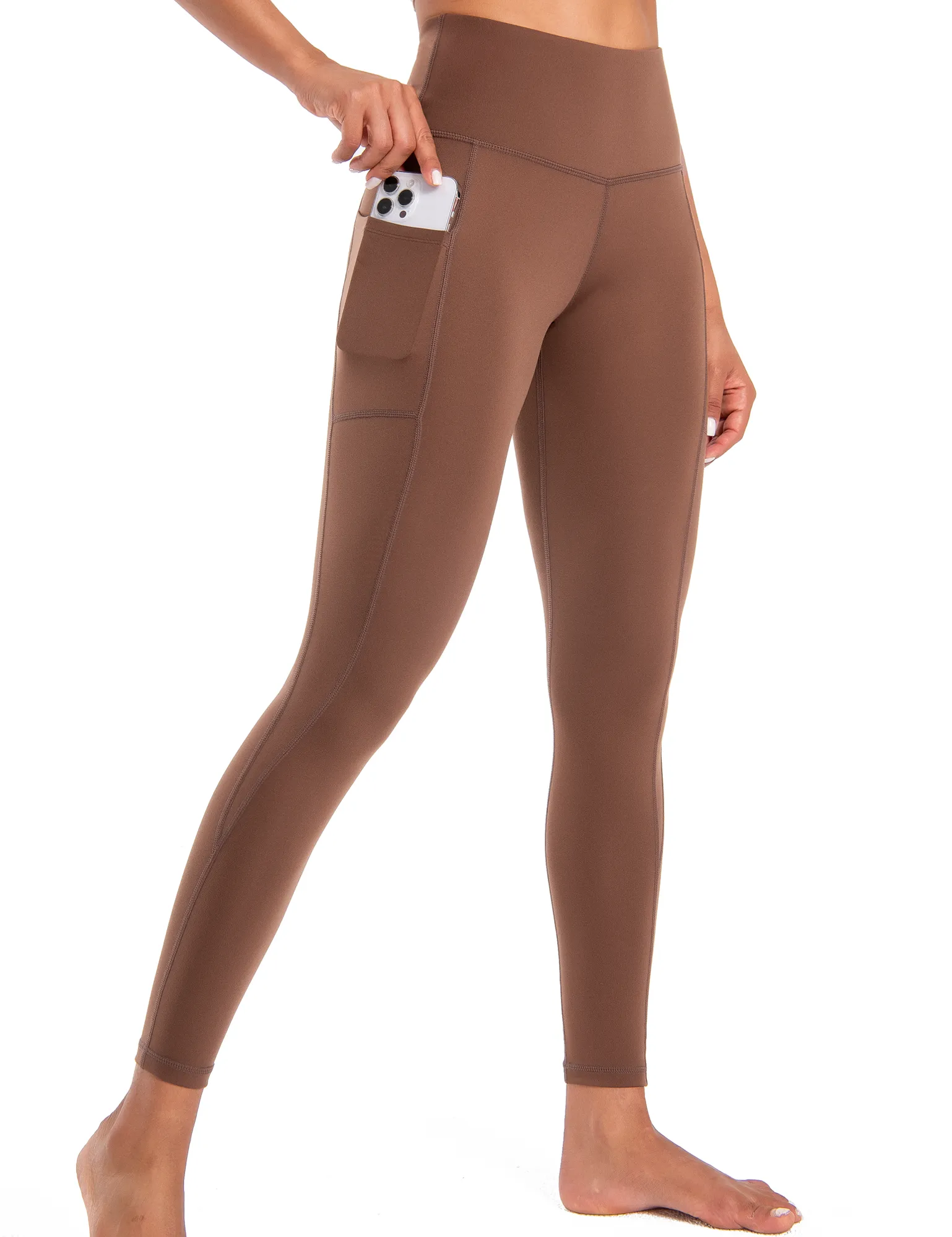 YR Leggings for Women, Yoga Pants with Deep Side Pockets, High Waisted, Sepia Brown