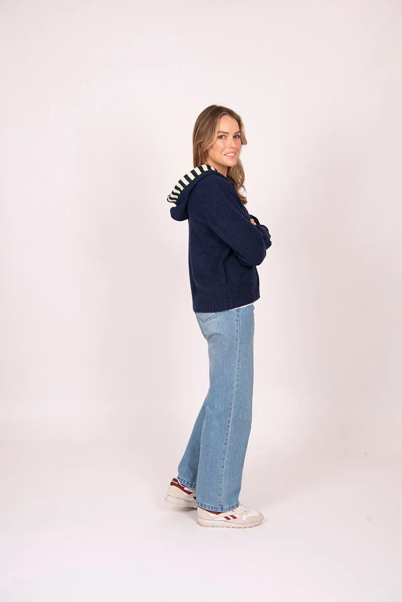 Zip Front Hoodie with Stripe Hood - Navy/Lemon