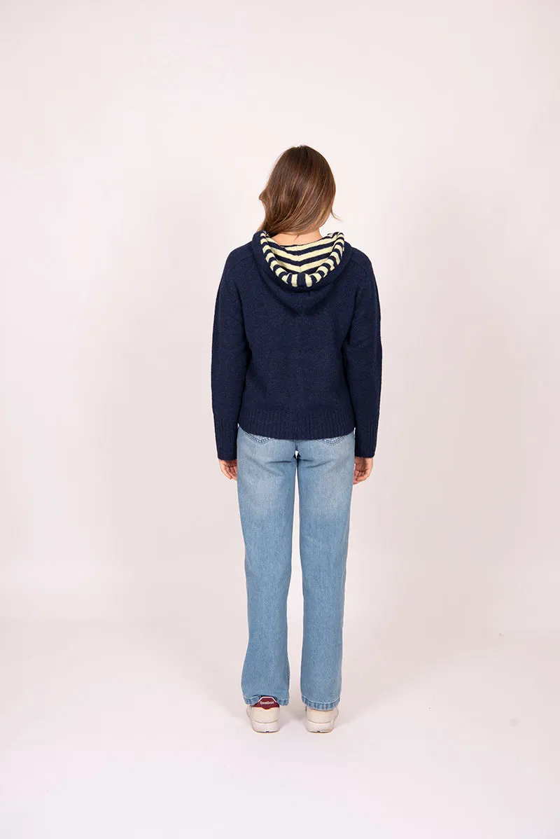 Zip Front Hoodie with Stripe Hood - Navy/Lemon